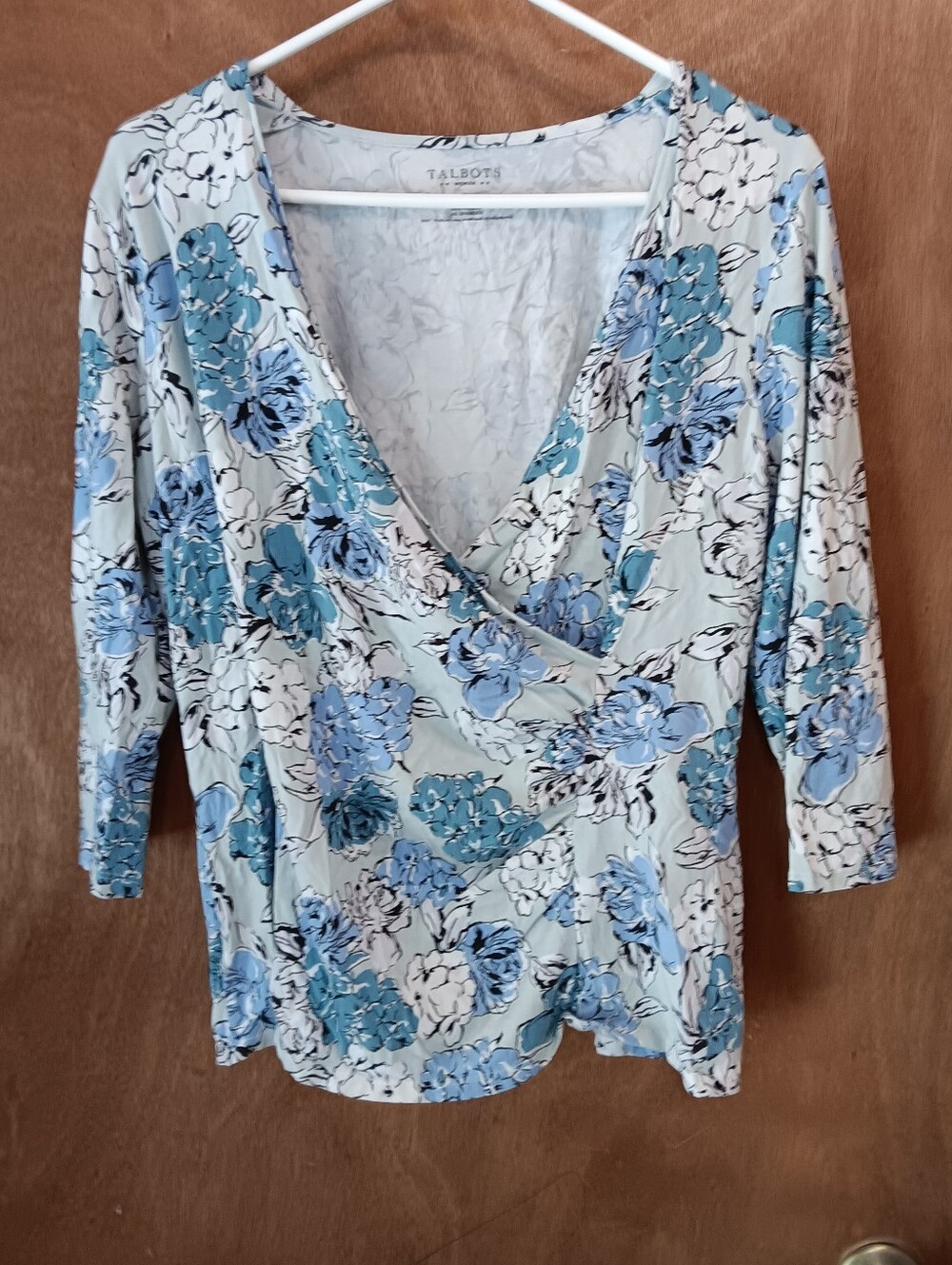 Talbots Light Blue and White Floral Wrap Top